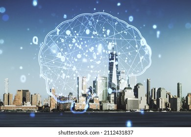 Double exposure of creative artificial Intelligence interface on New York city skyscrapers background. Neural networks and machine learning concept
