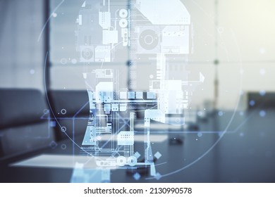 Double exposure of creative artificial Intelligence hologram on a modern meeting room background. Neural networks and machine learning concept