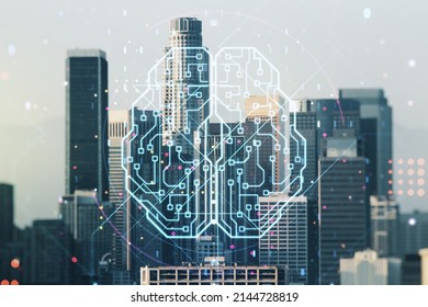Double exposure of creative artificial Intelligence interface on Los Angeles city skyscrapers background. Neural networks and machine learning concept