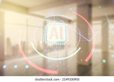 Double exposure of creative artificial Intelligence abbreviation hologram on empty room interior background. Future technology and AI concept