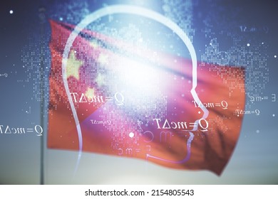 Double exposure of creative artificial Intelligence hologram on flag of China and sunset sky background. Neural networks and machine learning concept