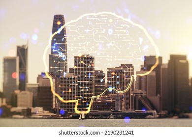 Double exposure of creative artificial Intelligence interface on San Francisco city skyscrapers background. Neural networks and machine learning concept