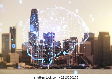 Double exposure of creative artificial Intelligence interface on San Francisco city skyscrapers background. Neural networks and machine learning concept