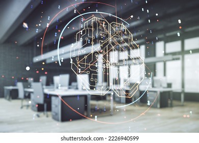 Double exposure of creative artificial Intelligence interface on modern corporate office background. Neural networks and machine learning concept