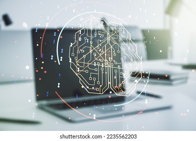Double exposure of creative artificial Intelligence symbol with modern laptop on background. Neural networks and machine learning concept