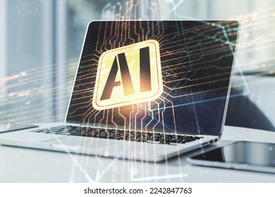 Double exposure of creative artificial Intelligence icon with modern laptop on background. Neural networks and machine learning concept