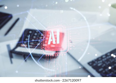 Double exposure of creative artificial Intelligence abbreviation hologram on calculator and pc background. Future technology and AI concept