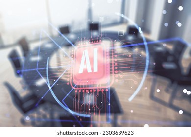 Double exposure of creative artificial Intelligence abbreviation hologram on a modern boardroom background. Future technology and AI concept
