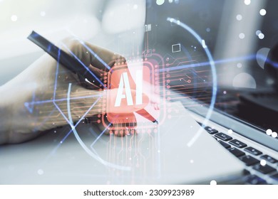 Double exposure of creative artificial Intelligence abbreviation with hand writing in notepad on background with laptop. Future technology and AI concept