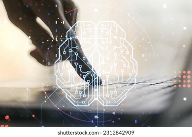 Double exposure of creative artificial Intelligence symbol with hands typing on laptop on background. Neural networks and machine learning concept
