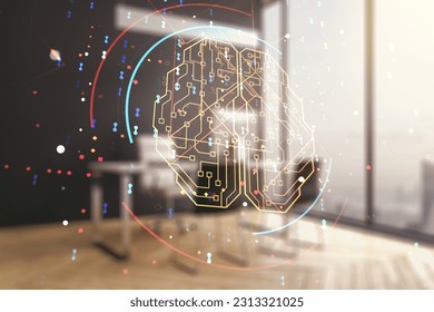 Double exposure of creative artificial Intelligence symbol and modern desktop with laptop on background. Neural networks and machine learning concept
