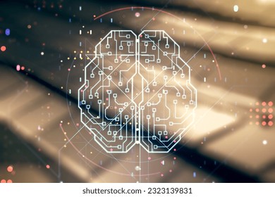 Double exposure of creative artificial Intelligence interface on blurry metal background. Neural networks and machine learning concept