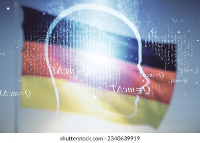 Double exposure of creative artificial Intelligence hologram on German flag and blue sky background. Neural networks and machine learning concept