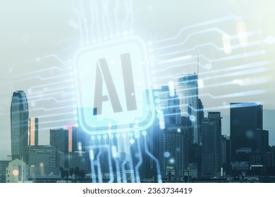 Double exposure of creative artificial Intelligence icon on Los Angeles city skyscrapers background. Neural networks and machine learning concept