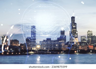 Double exposure of creative artificial Intelligence hologram on Chicago city skyscrapers background. Neural networks and machine learning concept