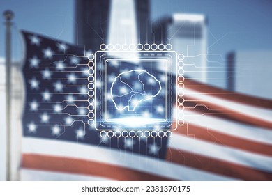 Double exposure of creative artificial Intelligence interface on USA flag and blurry skyscrapers background. Neural networks and machine learning concept