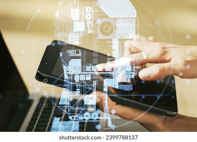 Double exposure of creative artificial Intelligence symbol with finger clicks on a digital tablet on background. Neural networks and machine learning concept