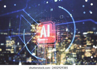 Double exposure of creative artificial Intelligence abbreviation hologram on blurry office buildings background. Future technology and AI concept