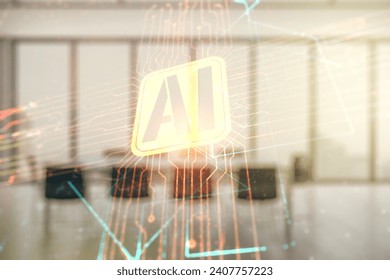 Double exposure of creative artificial Intelligence icon on a modern meeting room background. Neural networks and machine learning concept