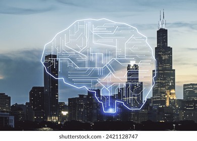 Double exposure of creative artificial Intelligence interface on Chicago city skyscrapers background. Neural networks and machine learning concept