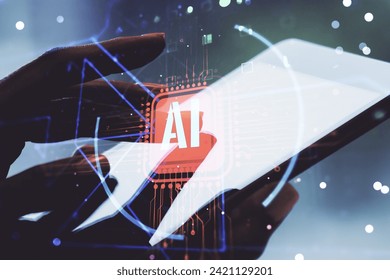 Double exposure of creative artificial Intelligence abbreviation and hand working with a digital tablet on background. Future technology and AI concept