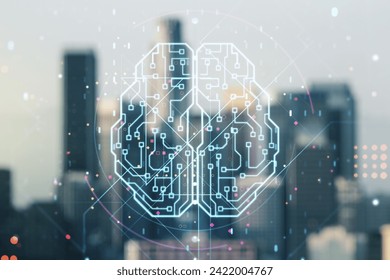 Double exposure of creative artificial Intelligence interface on blurry cityscape background. Neural networks and machine learning concept - Powered by Shutterstock