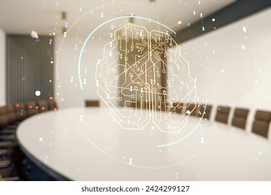 Double exposure of creative artificial Intelligence interface on a modern meeting room background. Neural networks and machine learning concept