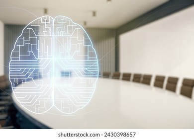 Double exposure of creative artificial Intelligence interface on a modern meeting room background. Neural networks and machine learning concept