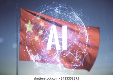 Double exposure of creative artificial Intelligence icon on flag of China and sunset sky background. Neural networks and machine learning concept