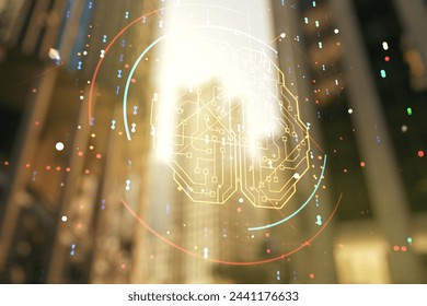 Double exposure of creative artificial Intelligence interface on modern skyscrapers background. Neural networks and machine learning concept