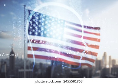 Double exposure of creative artificial Intelligence hologram on USA flag and blurry cityscape background. Neural networks and machine learning concept