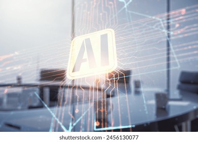 Double exposure of creative artificial Intelligence icon on a modern meeting room background. Neural networks and machine learning concept