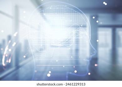Double exposure of creative artificial Intelligence hologram on empty modern office background. Neural networks and machine learning concept