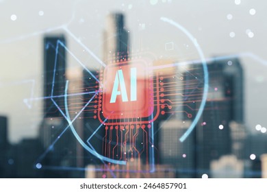 Double exposure of creative artificial Intelligence abbreviation hologram on blurry office buildings background. Future technology and AI concept - Powered by Shutterstock - Get 15% off with code: PIKWIZARD15