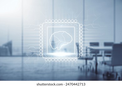 Double exposure of creative artificial Intelligence interface on a modern meeting room background. Neural networks and machine learning concept