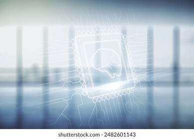 Double exposure of creative artificial Intelligence interface on empty modern office background. Neural networks and machine learning concept