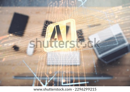 Double exposure of creative artificial Intelligence icon with modern laptop on background. Neural networks and machine learning concept