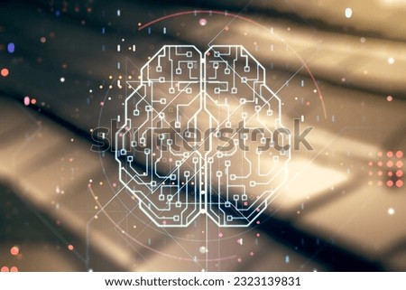 Double exposure of creative artificial Intelligence interface on blurry metal background. Neural networks and machine learning concept