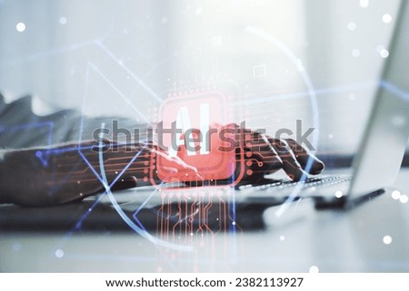 Double exposure of creative artificial Intelligence abbreviation with hand typing on computer keyboard on background. Future technology and AI concept