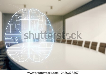 Double exposure of creative artificial Intelligence interface on a modern meeting room background. Neural networks and machine learning concept