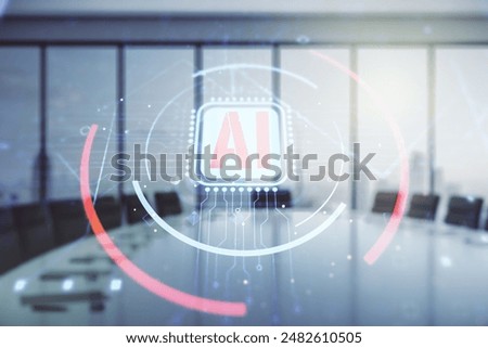 Double exposure of creative artificial Intelligence abbreviation hologram on a modern boardroom background. Future technology and AI concept