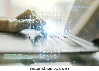 Double exposure of creative code skull hologram and hands typing on laptop on background. Malware and cyber crime concept