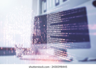 Double exposure of creative code skull hologram and modern desktop with laptop on background. Malware and cyber crime concept