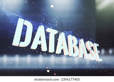 Double exposure of creative Database word hologram on modern business center exterior background, research and development concept