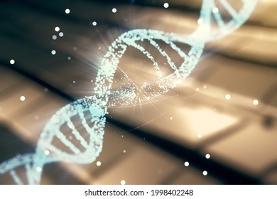 Double exposure of creative DNA hologram on blurry metal background. Bio Engineering and DNA Research concept - Powered by Shutterstock - Get 15% off with code: PIKWIZARD15