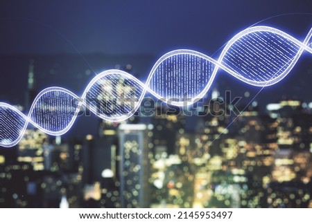 Double exposure of creative DNA hologram on blurry cityscape background. Bio Engineering and DNA Research concept