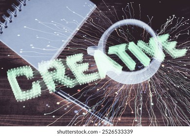 Double exposure of creative drawing and work table top veiw. Concept of startup.