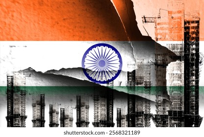 Double exposure creative full image of unfinished super high-rise building and Indian flag. Describe India's real estate crash, price increases, financial instability and inflation