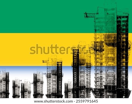 Double exposure creative full image of unfinished super high-rise building and Gabonese flag. Describe Gabon's real estate collapse, rising prices, financial instability, and inflation