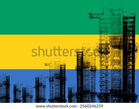 Double exposure creative full image of unfinished super high-rise building and Gabonese flag. Describe Gabon's real estate collapse, rising prices, financial instability, and inflation